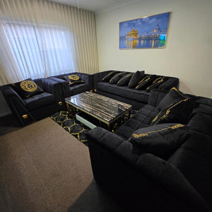 Classy Black Holland Velvet Sofa set of 7 with Golden Trim Edges and Versace Design at RBM Classic Home