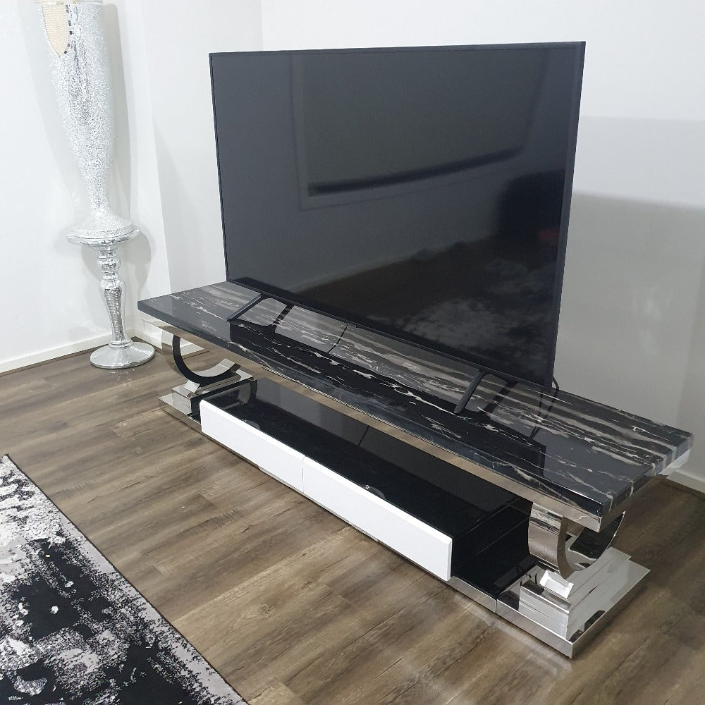 Classic Modern Marble TV Stand with 2 Drawers in Silver Stainless Steel frame