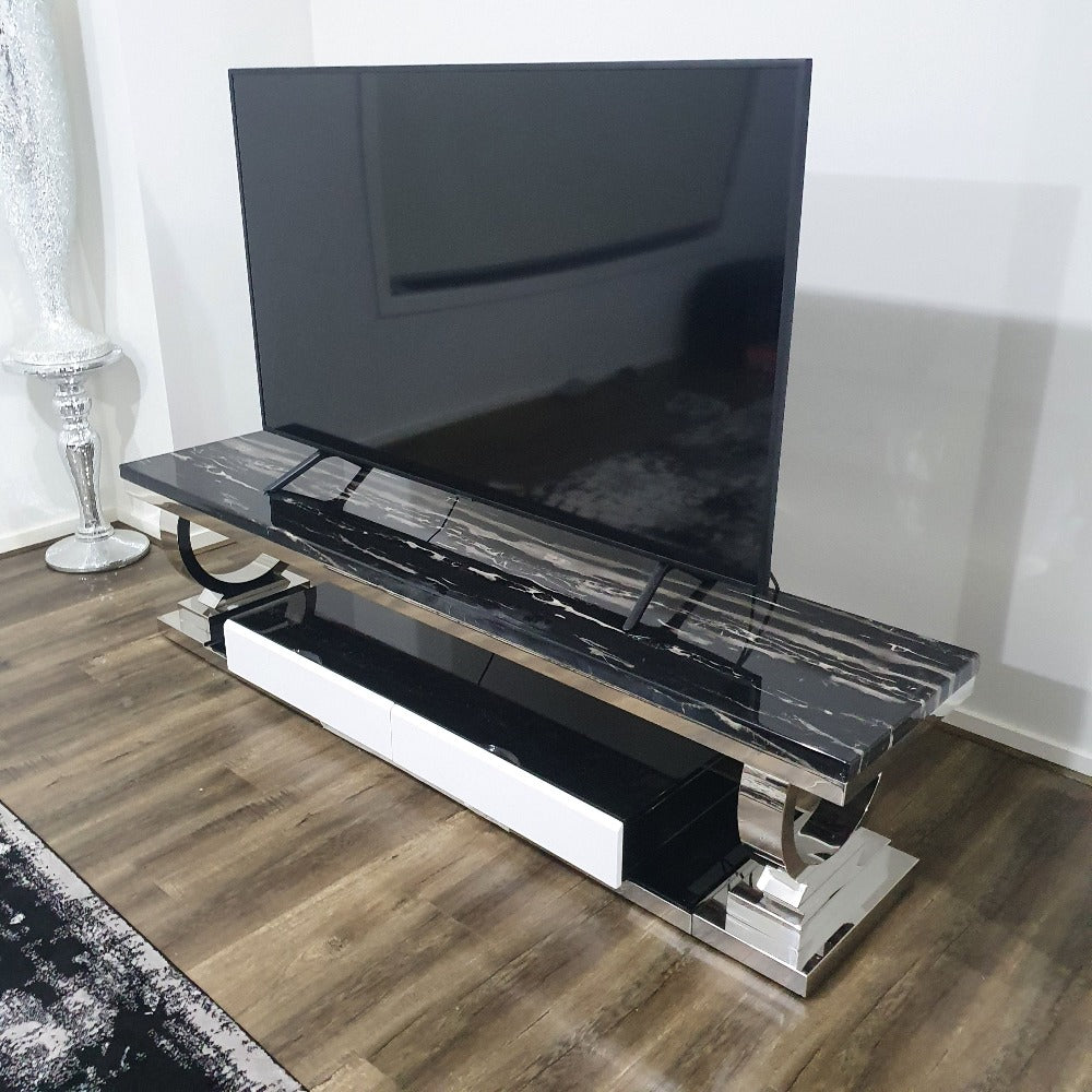 RBM Classic Home Furniture with Classic Modern Marble TV Stand with 2 Drawers in Silver Stainless Steel frame In Melton