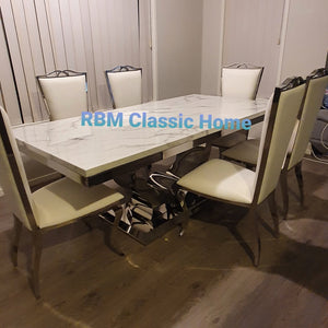 Marble Dining Table with 8 Chairs set in Stainless Steel frame