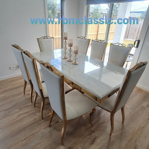 Marble Dining Table and 8 Chairs in Gold Stainless Steel frame