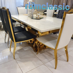 Marble Dining Table and 8 Chairs in Gold Stainless Steel frame