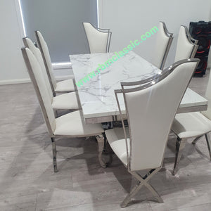 Marble Dining Table and 8 Chairs in Silver Stainless Steel frame