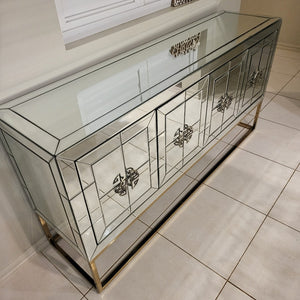 Glass Mirrored Silver Rochester Dining Room Buffet Cabinet with 4 Shelves and Bronze Stand