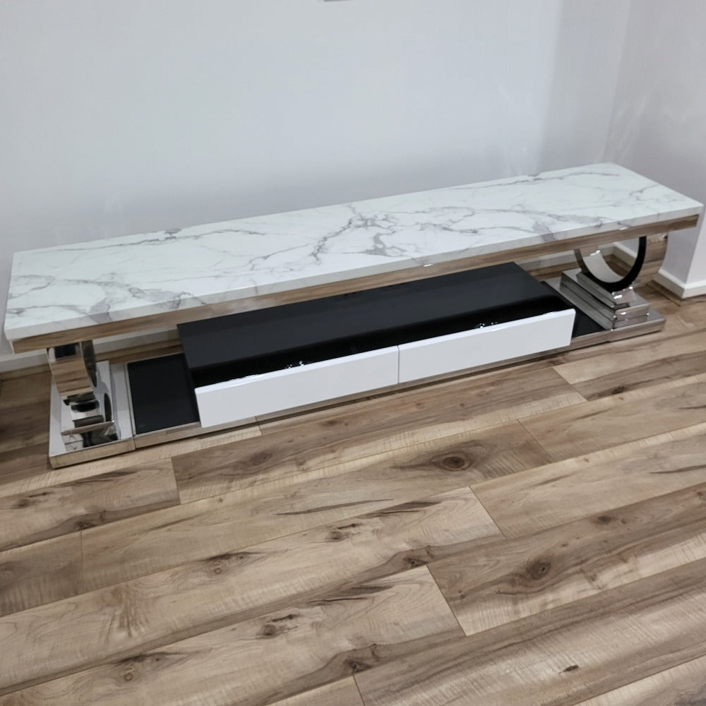 Classic Modern Marble TV Stand with 2 Drawers in Silver Stainless Steel frame