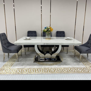 Marble Dining Table and 8 Chairs in Silver Stainless Steel frame