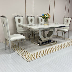 Marble Dining Table and 8 Circle design Chairs in Silver Stainless Steel frame