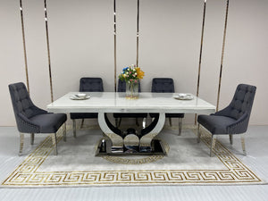 Marble Dining Table and 8 Velvet Chairs in Silver Stainless Steel frame