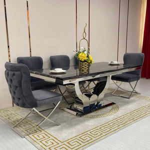 U-Shaped Marble Dining with 8 Grey Velvet Dining Room Chairs in Silver Stainless Steel frame