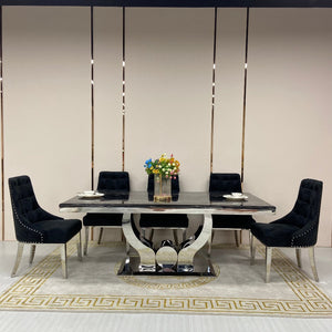 U-Shaped Marble Dining with 8 White Leather Dining Room Chairs in Silver Stainless Steel frame