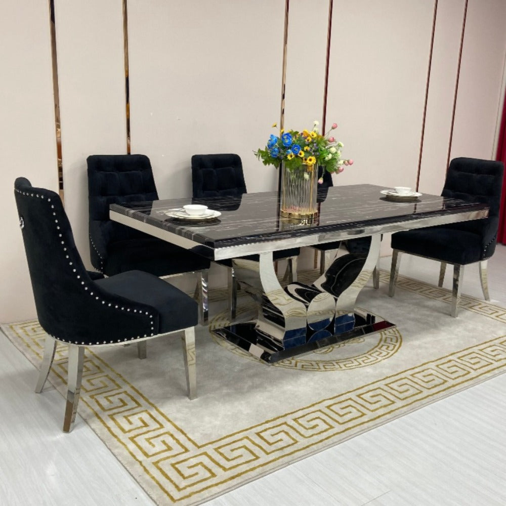 U-Shaped Marble Dining with 8 White Leather Dining Room Chairs in Silver Stainless Steel frame