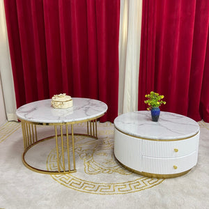 Round Nested Marble Coffee Tables, 2 pieces in White MDF Stylish Modern Material